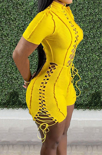Yellow Women Bandage Short Sleeve Hollow Out Romper Shorts LD81019-2