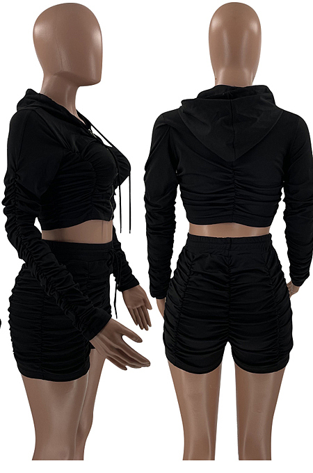 Yellow Ruffle Pure Color Hooded Zipper Long Sleeve Crop Top  Drawstring Shorts Sports Sets LM88801-2