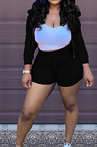 Black Solid Color Zipper Hooded Long Sleeve Drawstring Sports Shorts Sets SQ90077-2