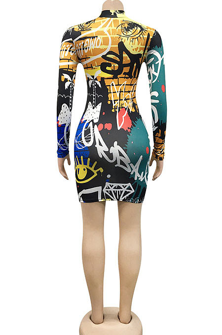 Rose Red Euramerican Women Digital Printing Long Sleeve Round Neck Mini Dress XZ5159-2