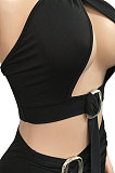 Black Sexy Sleeveless Cross Condole Blet Bandage Split Solid Color Skirts Sets XZ5155-1