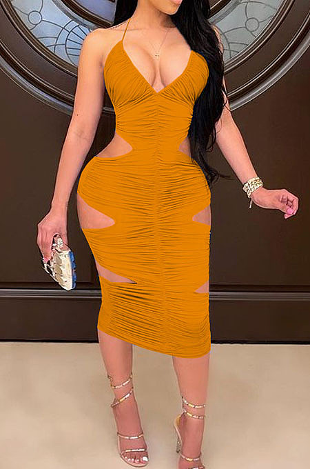 Orange Halter Neck Strapless V Collar Ruffle Hollow Out Sexy Condole Belt Bodycon Dress SZS8060-1