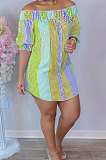 Pink Yellow Sexy Fashion Off Shoulder Irregularity Colorful Mini Dress K2145-4
