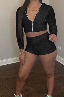 Black Ruffle Pure Color Hooded Zipper Long Sleeve Crop Top  Drawstring Shorts Sports Sets LM88801-3