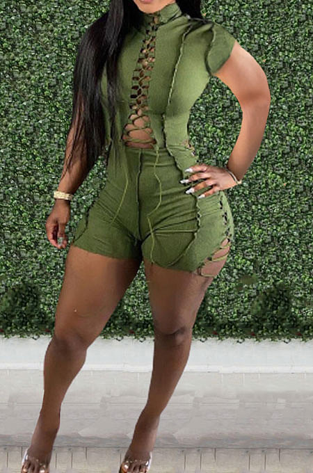 Green Women Bandage Short Sleeve Hollow Out Romper Shorts LD81019-1