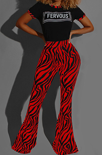 Red Casual Round Neck Letter Print Short Sleeve Mid Waist Long Flare Pants Sets YMT6213-2
