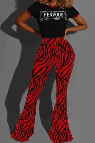 Red Casual Round Neck Letter Print Short Sleeve Mid Waist Long Flare Pants Sets YMT6213-2