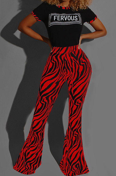 Red Casual Round Neck Letter Print Short Sleeve Mid Waist Long Flare Pants Sets YMT6213-2