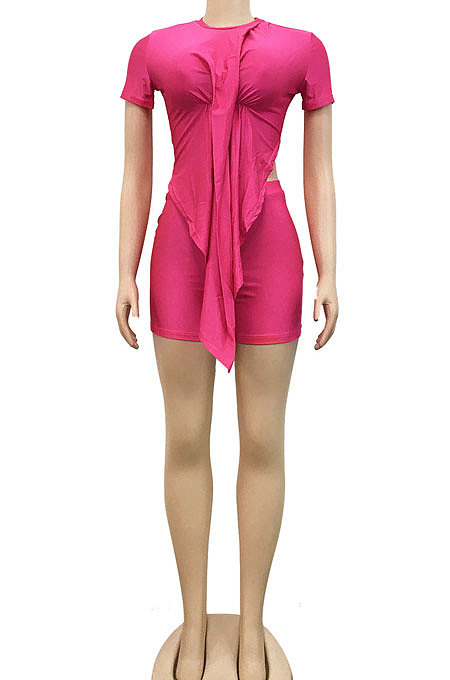 Black Sexy Irregularity Round Neck Ruffle Short Sleeeve Solid Color Shorts Sets XZ5117-5