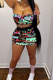 Red Digital Letter Print Strapless Drawstring Backless Short Skirts Sets SZS8050-2