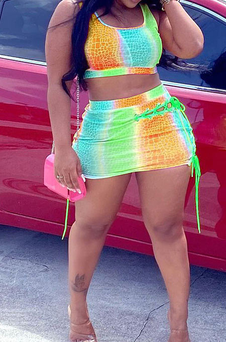 Orange Yellow Digital Print Tie Dye U Neck Tank Hollow Out Eyelet Bandage Short Skirts Sets SZS8145-2