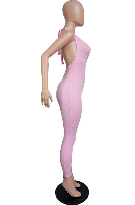 Grey Pure Color RIidder Halter Neck Bandage V Collar Sexy Backless Bodycon Jumpsuits LML251-1