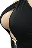 Black Sexy Sleeveless Cross Condole Blet Bandage Split Solid Color Skirts Sets XZ5155-1