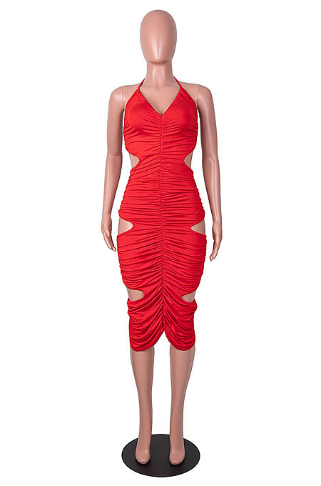 Brown RedHalter Neck Strapless V Collar Ruffle Hollow Out Sexy Condole Belt Bodycon Dress SZS8060-4