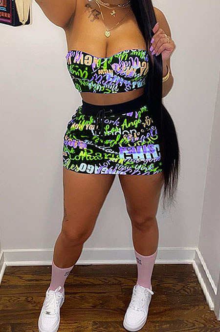 Neon Green Digital Letter Print Strapless Drawstring Backless Short Skirts Sets SZS8050-1