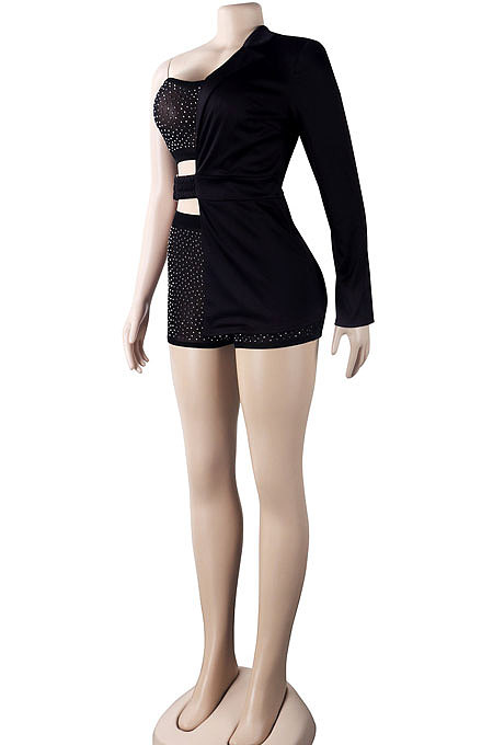 Black Sexy Bodycon Strapless Hot Drilling Three Pieces Shorts Sets K2105-1