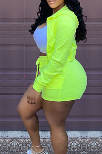 Neon Green Solid Color Zipper Hooded Long Sleeve Drawstring Sports Shorts Sets SQ90077-4