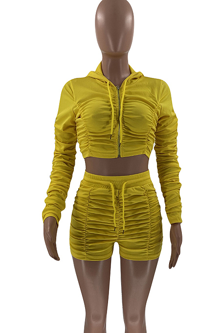 White Ruffle Pure Color Hooded Zipper Long Sleeve Crop Top  Drawstring Shorts Sports Sets LM88801-1
