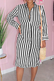 Black Summer Lapel Neck Button Stripe Loose Stripe Shirt Dress KY3088-3