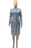 Red Summer Lapel Neck Button Stripe Loose Stripe Shirt Dress KY3088-1