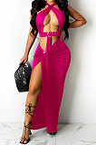 Black Sexy Sleeveless Cross Condole Blet Bandage Split Solid Color Skirts Sets XZ5155-1