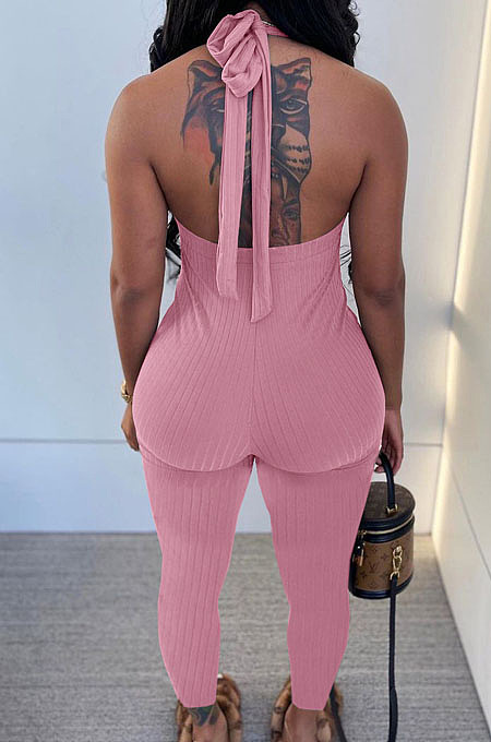 White Pure Color RIidder Halter Neck Bandage V Collar Sexy Backless Bodycon Jumpsuits LML251-5
