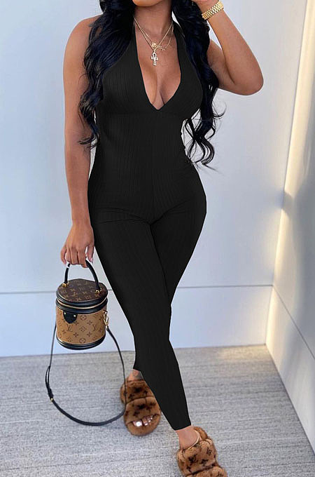 White Pure Color RIidder Halter Neck Bandage V Collar Sexy Backless Bodycon Jumpsuits LML251-5