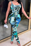 Blue Print Fshion U Neck Hip Raising Tank Bodycon Jumpsuits SQ90075-3
