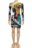 Blue Euramerican Women Digital Printing Long Sleeve Round Neck Mini Dress XZ5159-3