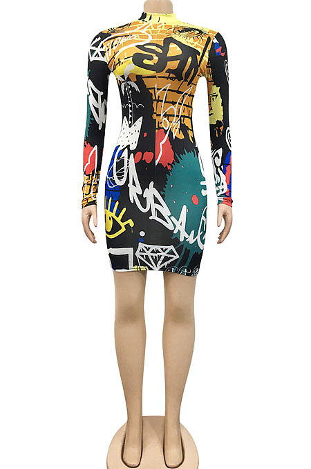 Blue Euramerican Women Digital Printing Long Sleeve Round Neck Mini Dress XZ5159-3