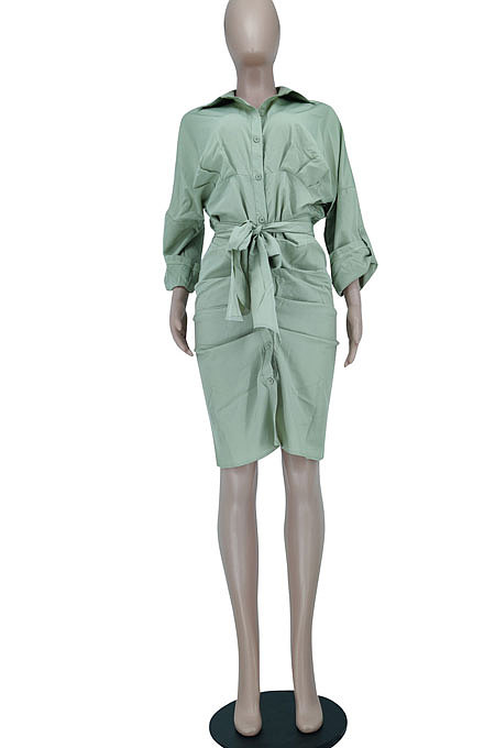 Green Women Fashion Casual Button Tied T Shirt/Shirt Dress YBS86726-2