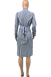 Red Summer Lapel Neck Button Stripe Loose Stripe Shirt Dress KY3088-1