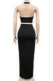 Orange Sexy Sleeveless Cross Condole Blet Bandage Split Solid Color Skirts Sets XZ5155-4