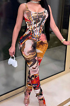 Brown Print Fshion U Neck Hip Raising Tank Bodycon Jumpsuits SQ90075-1