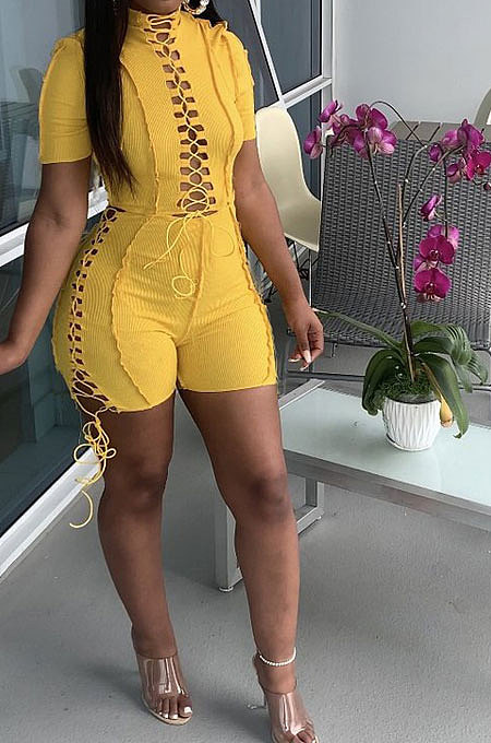 Green Women Bandage Short Sleeve Hollow Out Romper Shorts LD81019-1