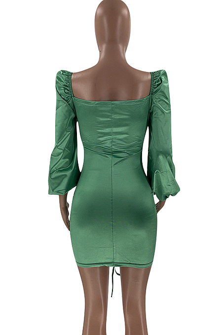 Coffee Glossy Low-Cut Bandage Lantern sleeve Hollow Out Tight Hip Dress LM88812-3