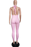 Grey Pure Color RIidder Halter Neck Bandage V Collar Sexy Backless Bodycon Jumpsuits LML251-1