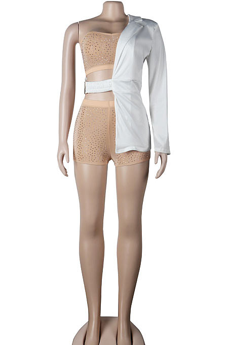 White Sexy Bodycon Strapless Hot Drilling Three Pieces Shorts Sets K2105-2
