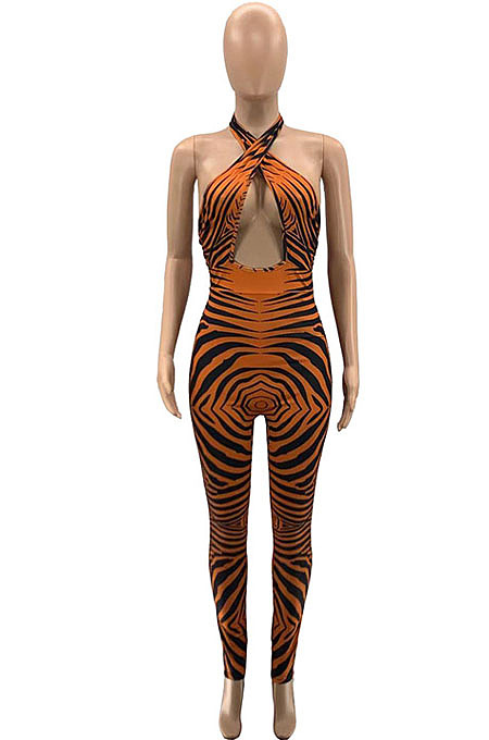 Purple Positioning Print Halter Neck Strapless Hollow Out Backless Bodycon Jumpsuits SZS8030-2