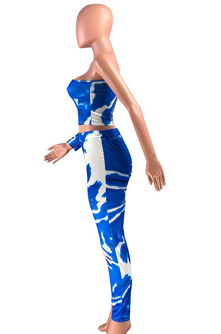 Blue Contrast Color Oblique Shoulder One Sleeve Long Skirts Sets YMT6214-2