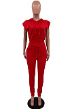 Red Casual Hoodie Sleeveless With Pocket Drawstring Long Pants Sports Two Piece OH8081