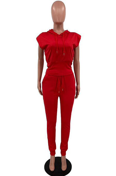Red Casual Hoodie Sleeveless With Pocket Drawstring Long Pants Sports Two Piece OH8081