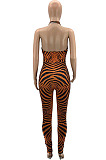 Orange Positioning Print Halter Neck Strapless Hollow Out Backless Bodycon Jumpsuits SZS8030-1