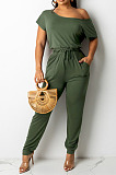 Red Oblique Shoulder Short Sleeve Waist Strap Pure Color Wide Leg Jumpsuits OH8086-1