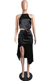 Rose Red Silk Satin Sexy Halter Neck Backless Bandage Tank Drawstring Slit Skirts Two Piece LML257-4