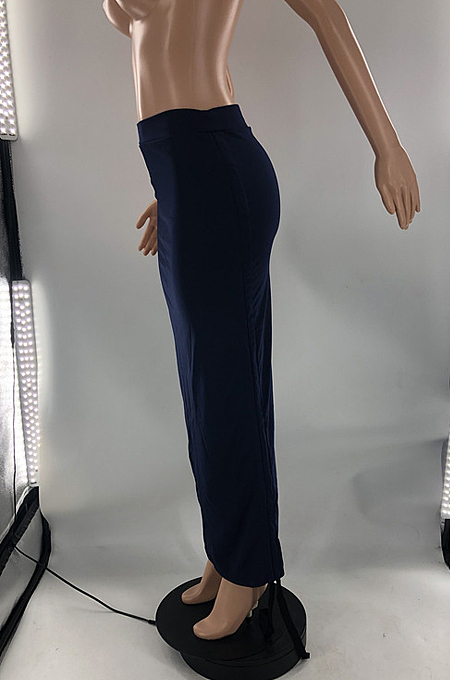 Navy Blue Two Sides Drawstring Pure Color Mid Waist Skirts S66301