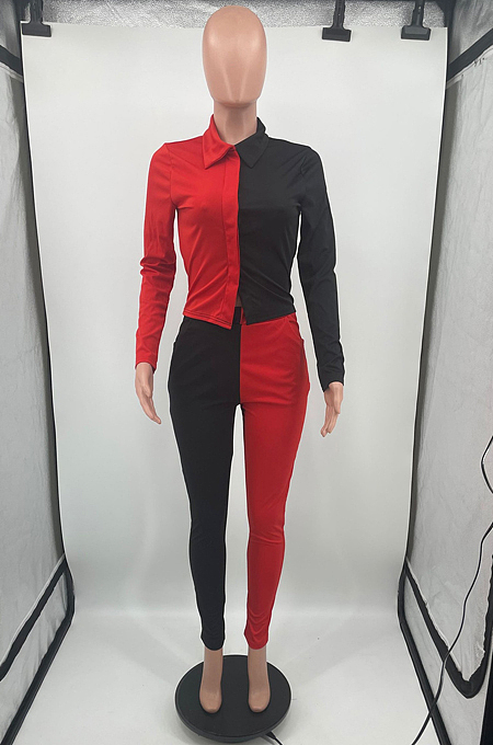 Black Spliced  White Lapel Neck Long Sleeve Button Shirt Long Pnats Casual Sets OEP6302-1