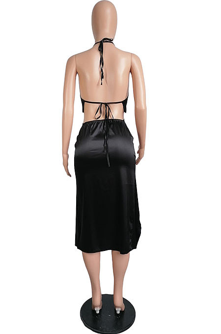 Rose Red Silk Satin Sexy Halter Neck Backless Bandage Tank Drawstring Slit Skirts Two Piece LML257-4