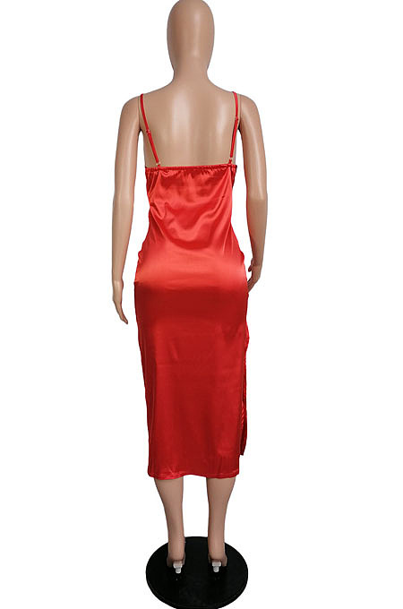 Black Glossy Condole Belt Adjust Low Cut Slit Dress LML256-3