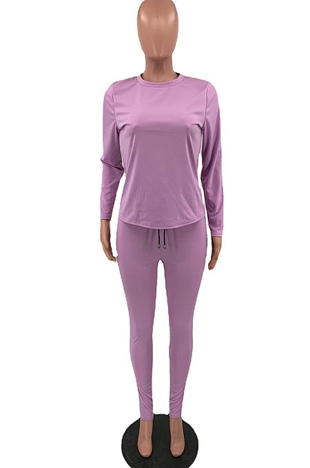 Purple Fall Winter Pure Color Round Neck Long Sleeve Drawstrint Long Pants Sport Sets TD80058-3